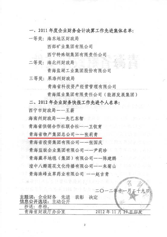 物產(chǎn)集團(tuán)榮獲2011年度財務(wù)決算先進(jìn)單位、2012年度財務(wù)快報工作先進(jìn)個人表彰